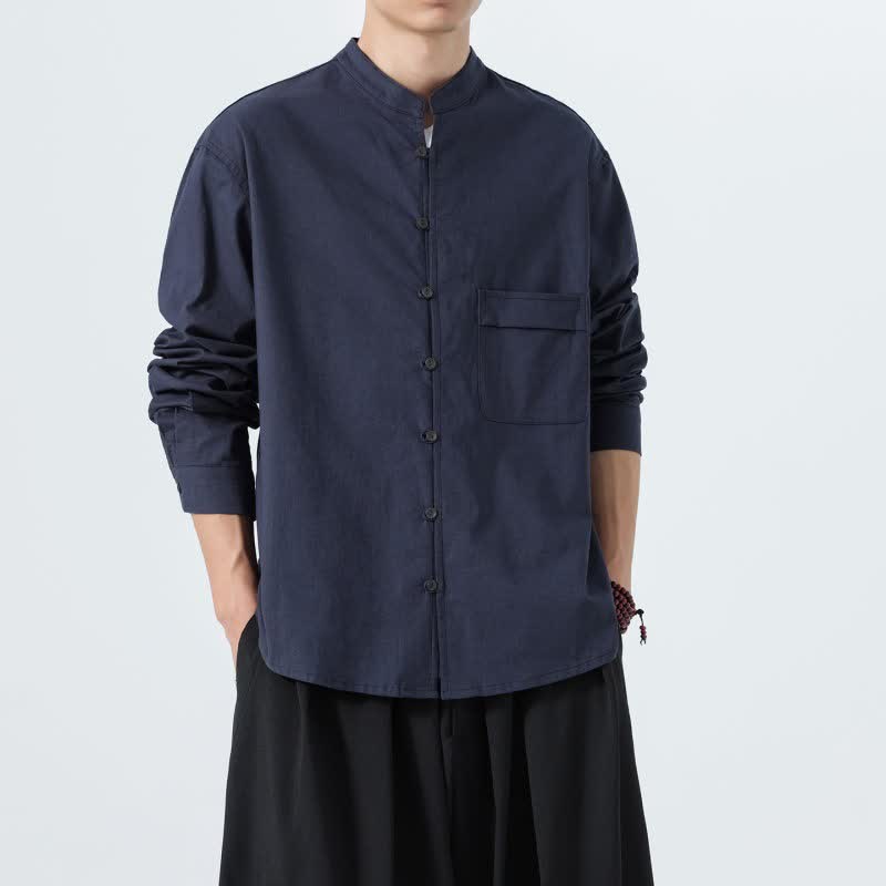 Buddha Stones Camisas de manga larga para hombre de algodón liso con cuello mandarín, estilo casual de otoño. - image 1