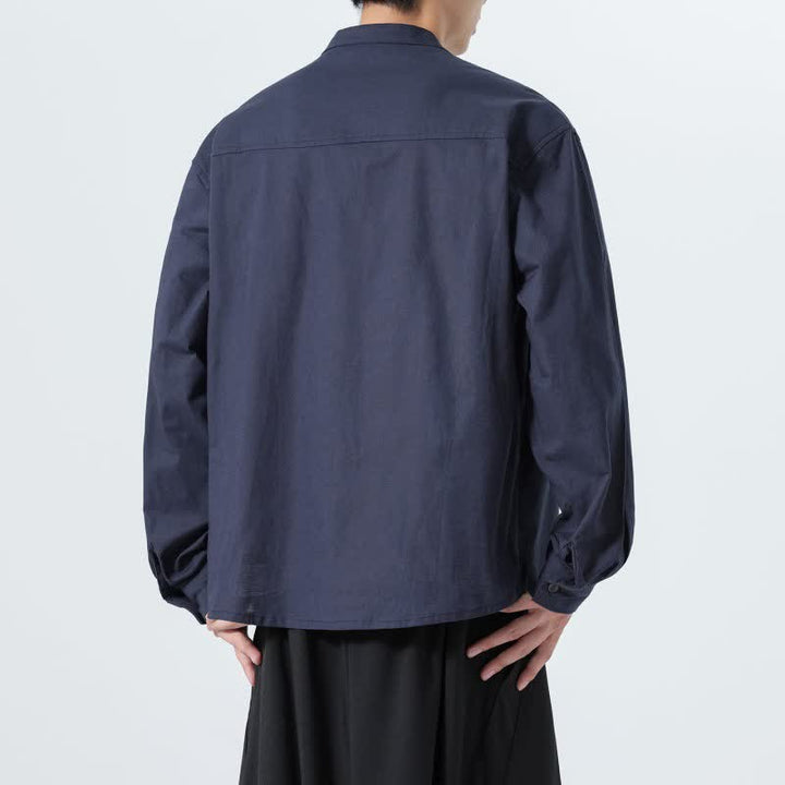 Buddha Stones Camisas de manga larga para hombre de algodón liso con cuello mandarín, estilo casual de otoño. - image 4