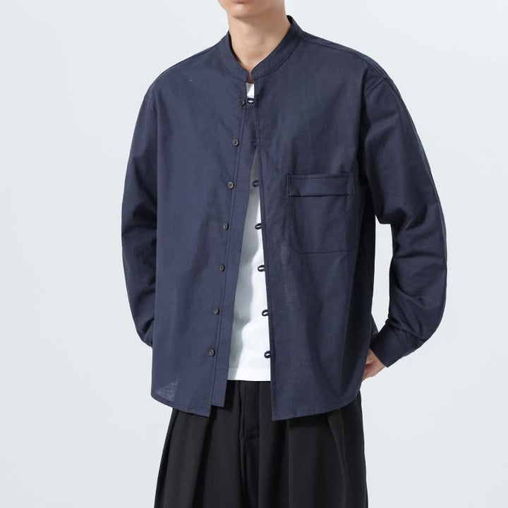 Buddha Stones Camisas de manga larga para hombre de algodón liso con cuello mandarín, estilo casual de otoño. - image 5