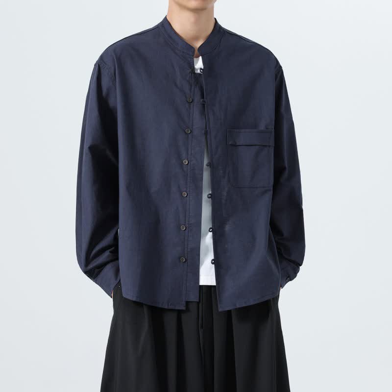 Buddha Stones Camisas de manga larga para hombre de algodón liso con cuello mandarín, estilo casual de otoño. - image 7