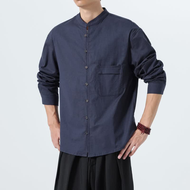 Buddha Stones Camisas de manga larga para hombre de algodón liso con cuello mandarín, estilo casual de otoño. - image 3