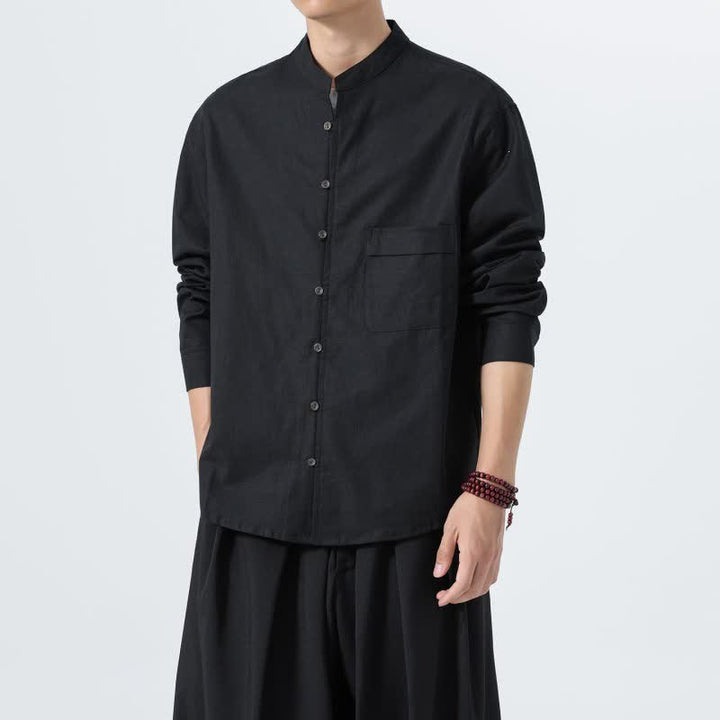 Buddha Stones Camisas de manga larga para hombre de algodón liso con cuello mandarín, estilo casual de otoño. - image 18