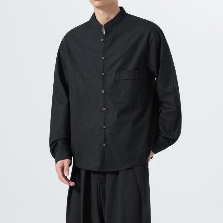 Buddha Stones Camisas de manga larga para hombre de algodón liso con cuello mandarín, estilo casual de otoño. - image 16