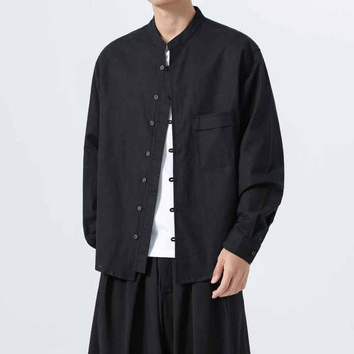 Buddha Stones Camisas de manga larga para hombre de algodón liso con cuello mandarín, estilo casual de otoño. - image 11