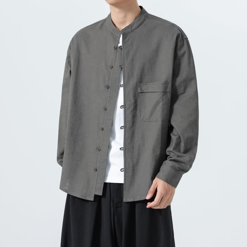 Buddha Stones Camisas de manga larga para hombre de algodón liso con cuello mandarín, estilo casual de otoño. - image 24