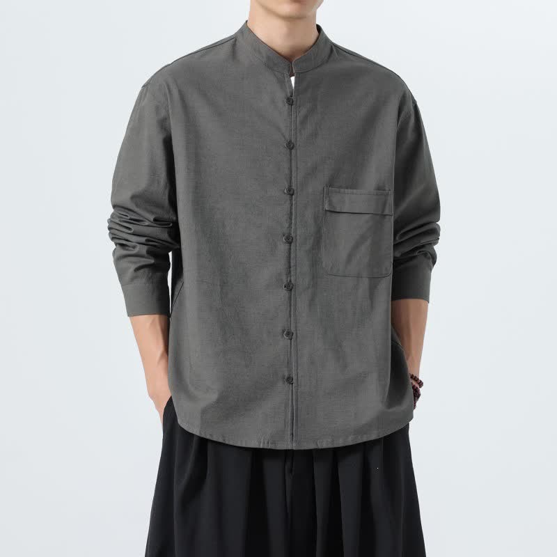 Buddha Stones Camisas de manga larga para hombre de algodón liso con cuello mandarín, estilo casual de otoño. - image 20