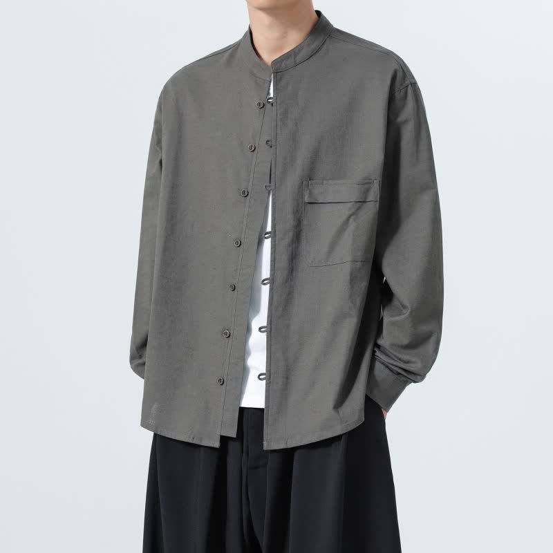 Buddha Stones Camisas de manga larga para hombre de algodón liso con cuello mandarín, estilo casual de otoño. - image 22