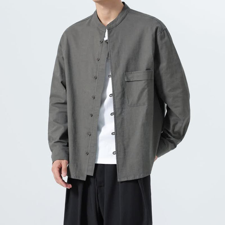 Buddha Stones Camisas de manga larga para hombre de algodón liso con cuello mandarín, estilo casual de otoño. - image 25