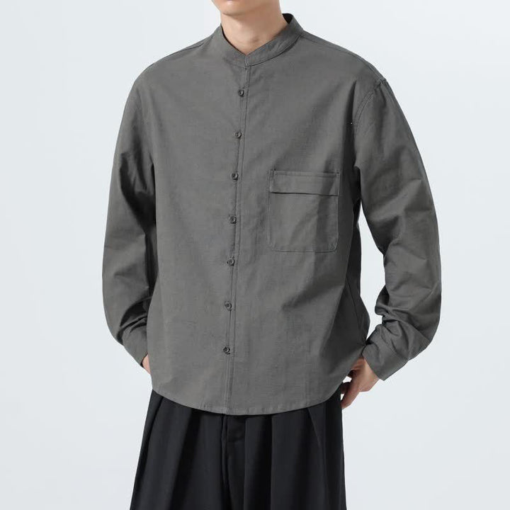 Buddha Stones Camisas de manga larga para hombre de algodón liso con cuello mandarín, estilo casual de otoño. - image 27