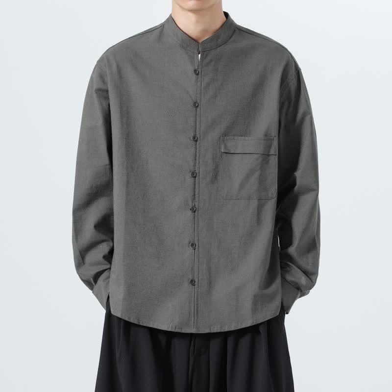 Buddha Stones Camisas de manga larga para hombre de algodón liso con cuello mandarín, estilo casual de otoño. - image 26