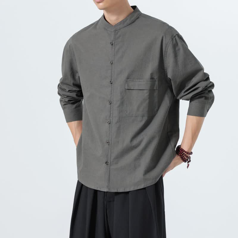 Buddha Stones Camisas de manga larga para hombre de algodón liso con cuello mandarín, estilo casual de otoño. - image 21