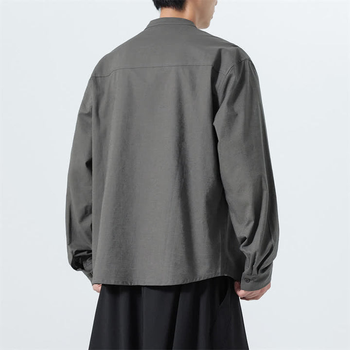 Buddha Stones Camisas de manga larga para hombre de algodón liso con cuello mandarín, estilo casual de otoño. - image 23