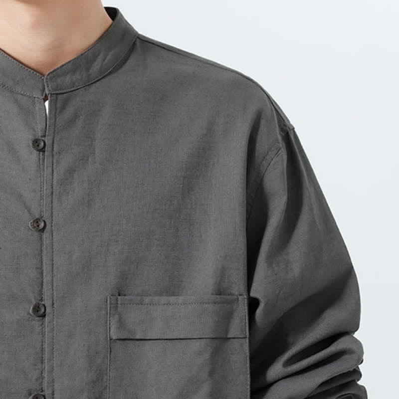 Buddha Stones Camisas de manga larga para hombre de algodón liso con cuello mandarín, estilo casual de otoño. - image 30