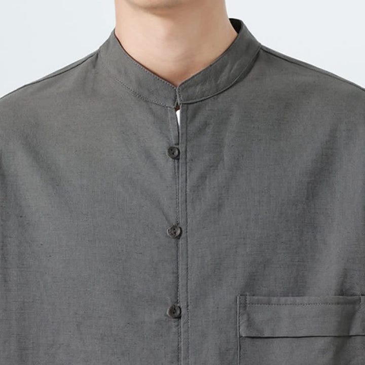 Buddha Stones Camisas de manga larga para hombre de algodón liso con cuello mandarín, estilo casual de otoño. - image 29