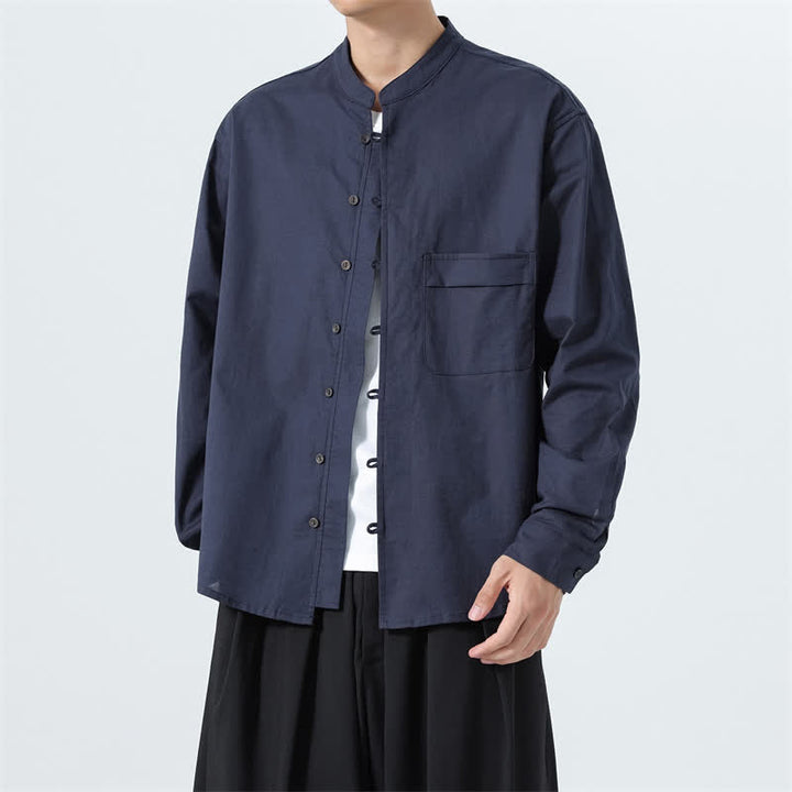 Buddha Stones Camisas de manga larga para hombre de algodón liso con cuello mandarín, estilo casual de otoño. - image 2