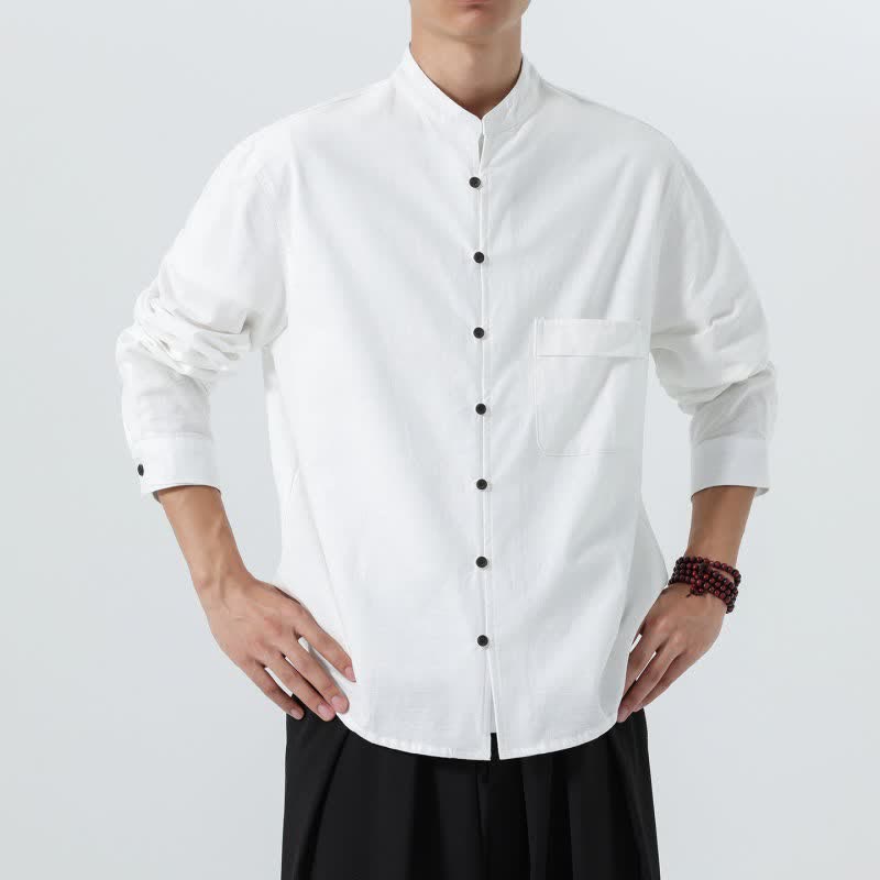 Buddha Stones Camisas de manga larga para hombre de algodón liso con cuello mandarín, estilo casual de otoño. - image 38