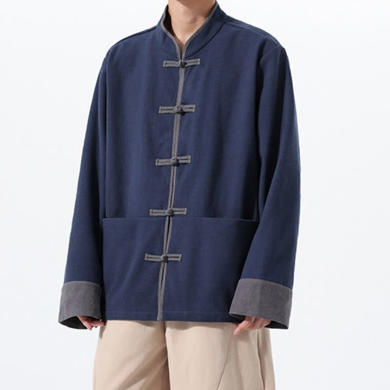Buddha Stones Chaqueta de hombre de algodón liso con botones de rana, estilo vintage, para otoño/invierno. - image 2