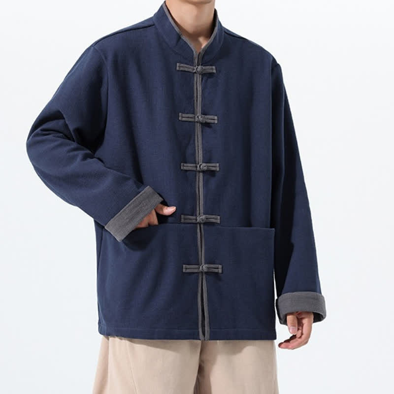 Buddha Stones Chaqueta de hombre de algodón liso con botones de rana, estilo vintage, para otoño/invierno. - image 3