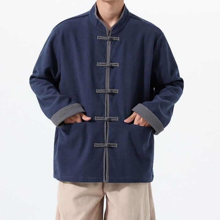 Buddha Stones Chaqueta de hombre de algodón liso con botones de rana, estilo vintage, para otoño/invierno. - image 4