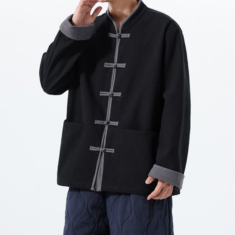 Buddha Stones Chaqueta de hombre de algodón liso con botones de rana, estilo vintage, para otoño/invierno. - image 9