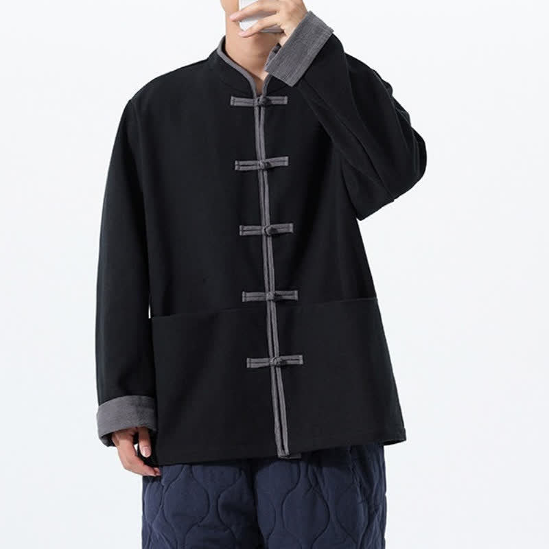 Buddha Stones Chaqueta de hombre de algodón liso con botones de rana, estilo vintage, para otoño/invierno. - image 8