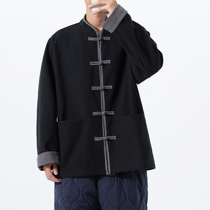 Buddha Stones Chaqueta de hombre de algodón liso con botones de rana, estilo vintage, para otoño/invierno. - image 8