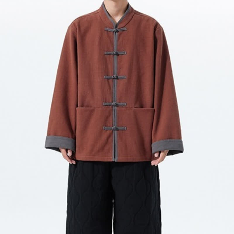 Buddha Stones Chaqueta de hombre de algodón liso con botones de rana, estilo vintage, para otoño/invierno. - image 14