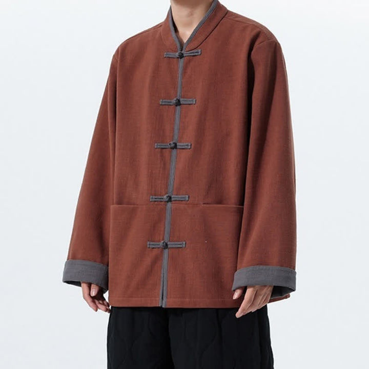 Buddha Stones Chaqueta de hombre de algodón liso con botones de rana, estilo vintage, para otoño/invierno. - image 11