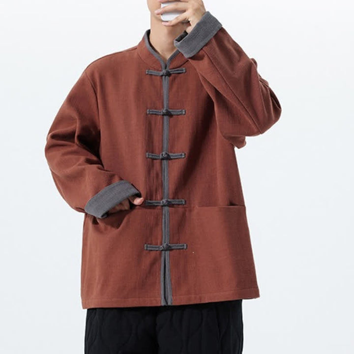 Buddha Stones Chaqueta de hombre de algodón liso con botones de rana, estilo vintage, para otoño/invierno. - image 12