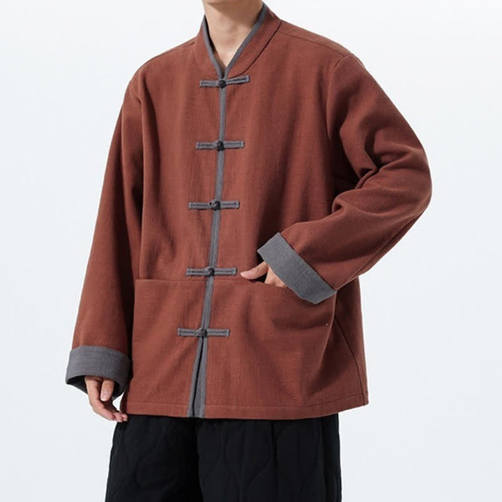Buddha Stones Chaqueta de hombre de algodón liso con botones de rana, estilo vintage, para otoño/invierno. - image 13