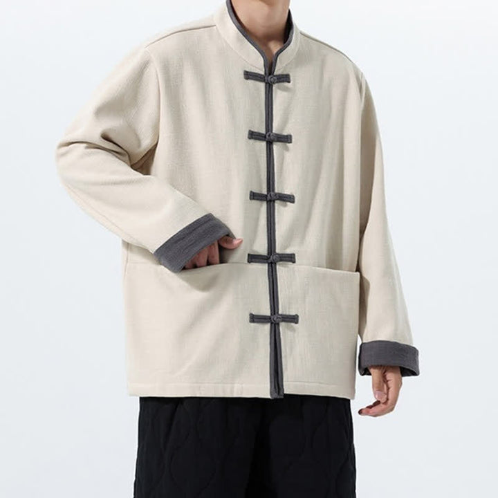 Buddha Stones Chaqueta de hombre de algodón liso con botones de rana, estilo vintage, para otoño/invierno. - image 19