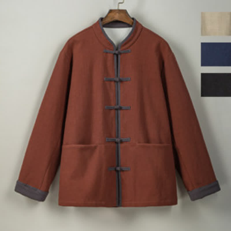 Buddha Stones Chaqueta de hombre de algodón liso con botones de rana, estilo vintage, para otoño/invierno. - image 17