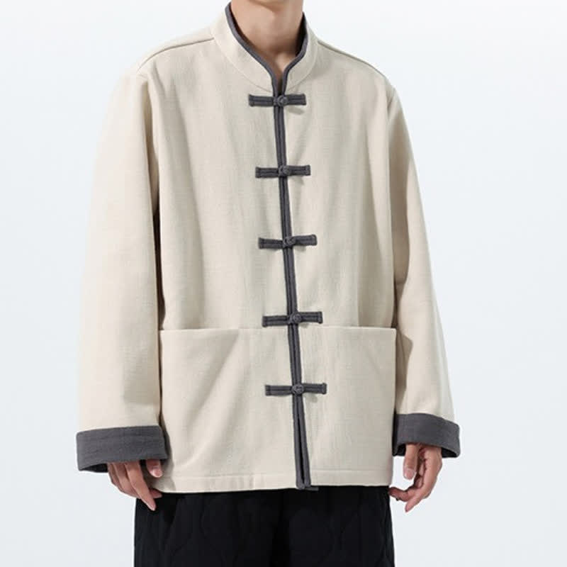 Buddha Stones Chaqueta de hombre de algodón liso con botones de rana, estilo vintage, para otoño/invierno. - image 20