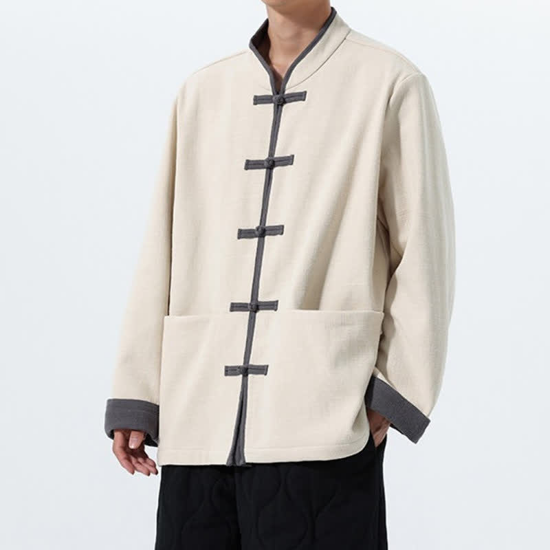 Buddha Stones Chaqueta de hombre de algodón liso con botones de rana, estilo vintage, para otoño/invierno. - image 21