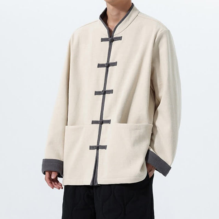 Buddha Stones Chaqueta de hombre de algodón liso con botones de rana, estilo vintage, para otoño/invierno. - image 21