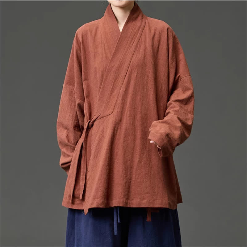 Buddha Stones Kimono de hombre de algodón liso con cordón ajustable, estilo Tang, minimalista, para otoño/invierno, con bolsillos. - image 1