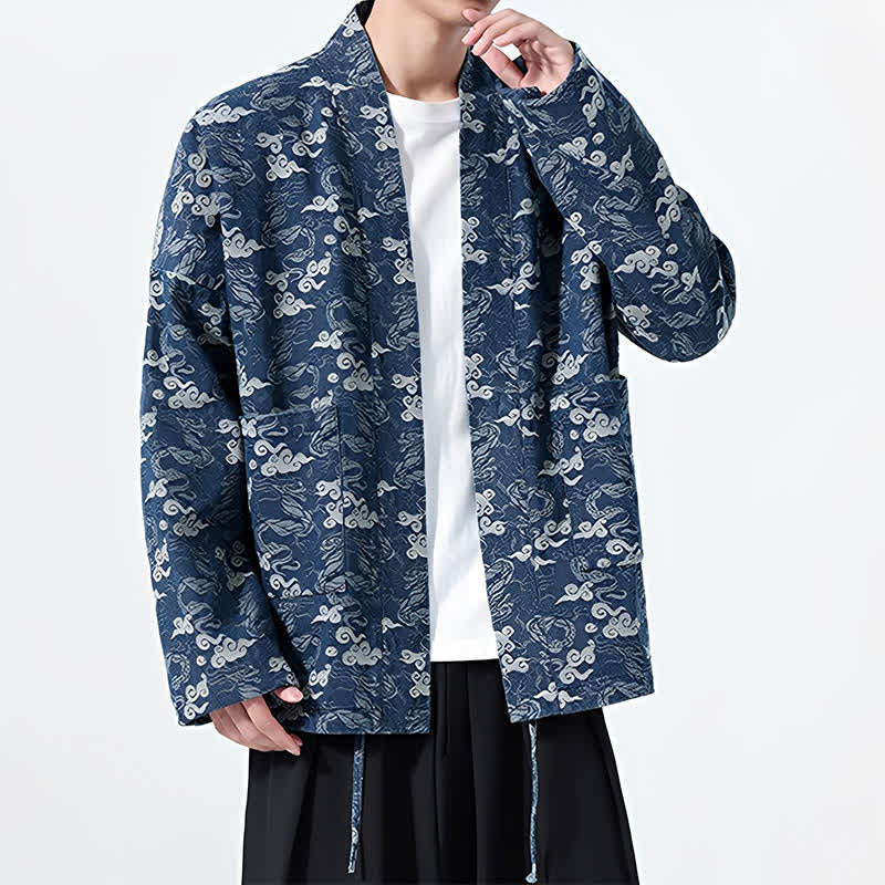 Buddha Stones Kimono de algodón para hombre, estilo casual, con cordón ajustable y estampado abstracto de nubes, ideal para primavera y otoño. - image 1