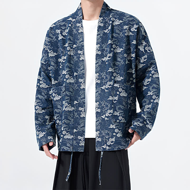 Buddha Stones Kimono de algodón para hombre, estilo casual, con cordón ajustable y estampado abstracto de nubes, ideal para primavera y otoño. - image 5