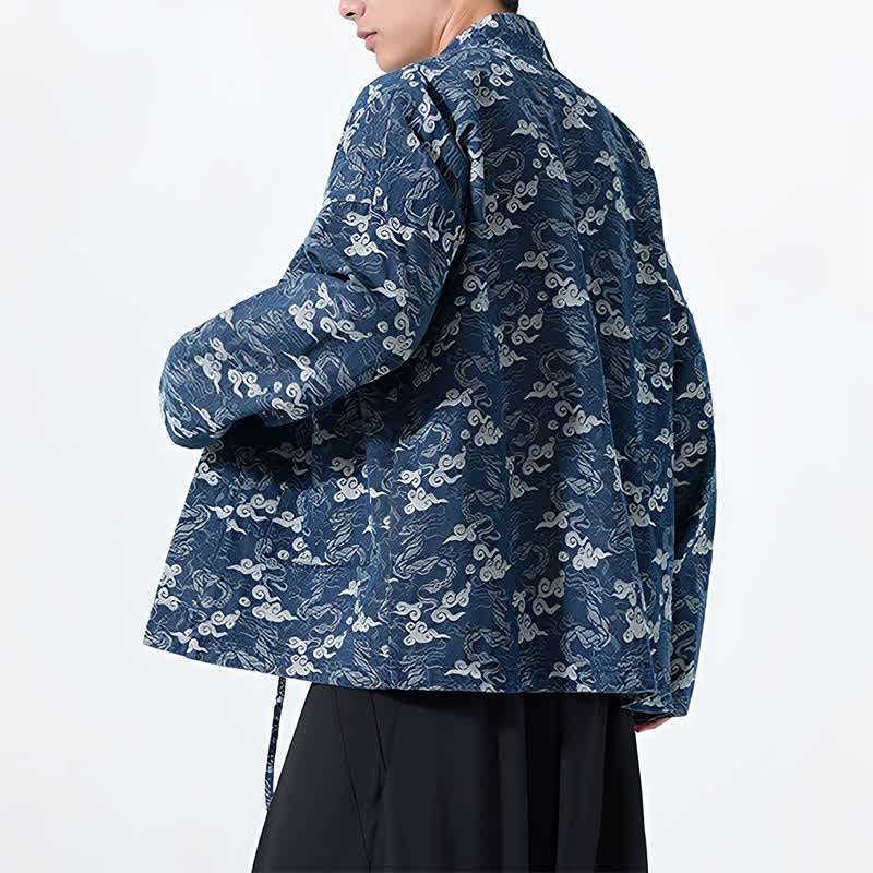 Buddha Stones Kimono de algodón para hombre, estilo casual, con cordón ajustable y estampado abstracto de nubes, ideal para primavera y otoño. - image 4