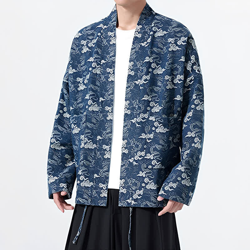 Buddha Stones Kimono de algodón para hombre, estilo casual, con cordón ajustable y estampado abstracto de nubes, ideal para primavera y otoño. - image 6