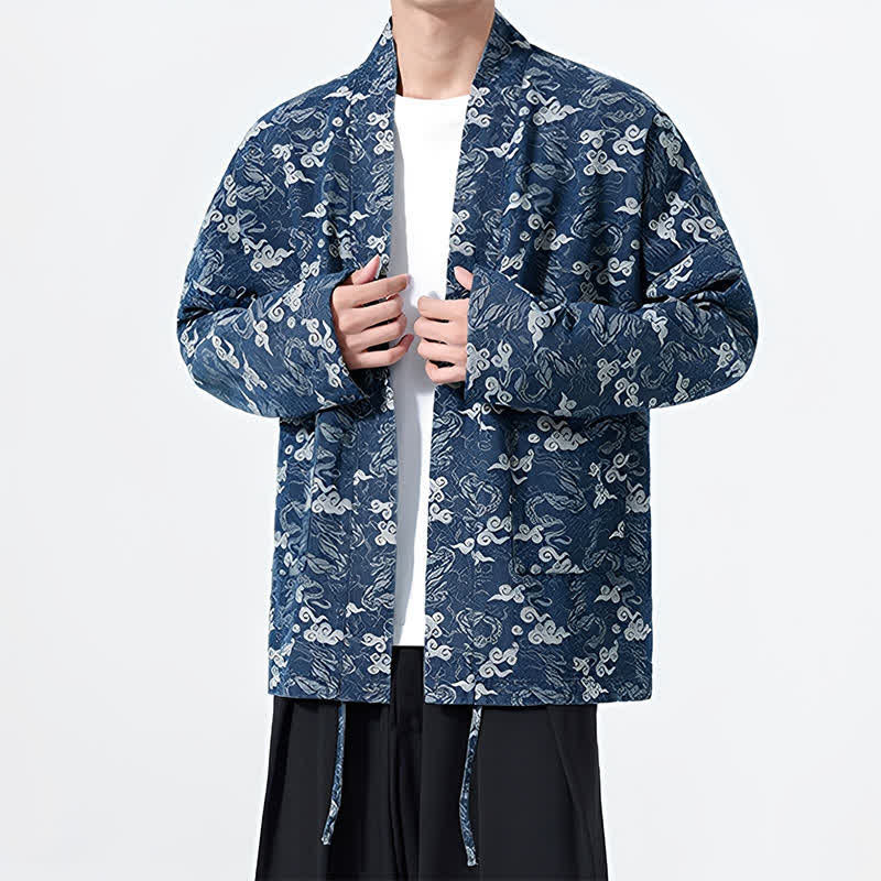 Buddha Stones Kimono de algodón para hombre, estilo casual, con cordón ajustable y estampado abstracto de nubes, ideal para primavera y otoño. - image 2