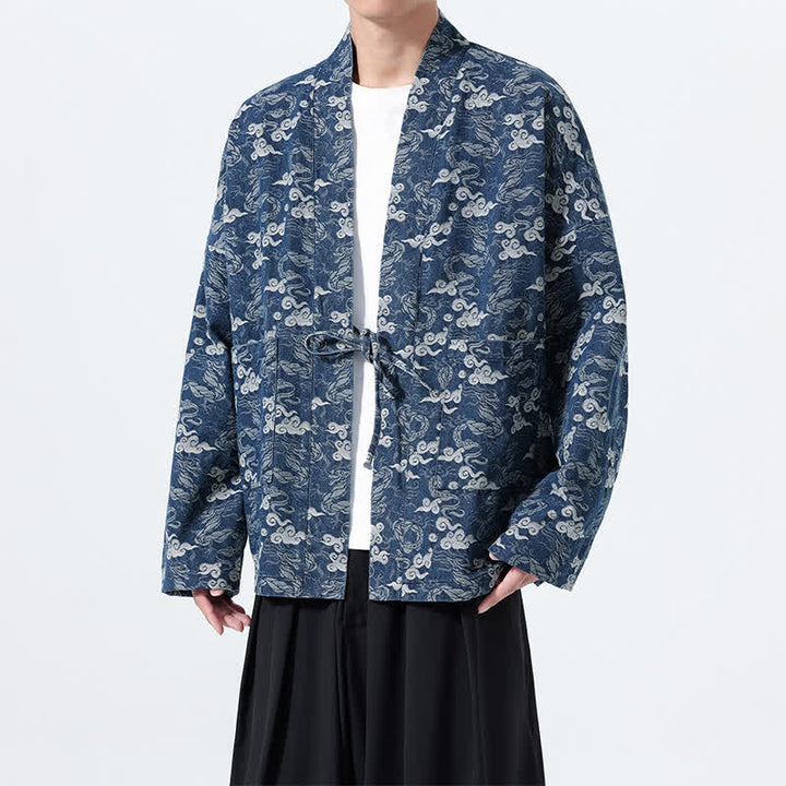 Buddha Stones Kimono de algodón para hombre, estilo casual, con cordón ajustable y estampado abstracto de nubes, ideal para primavera y otoño. - image 8
