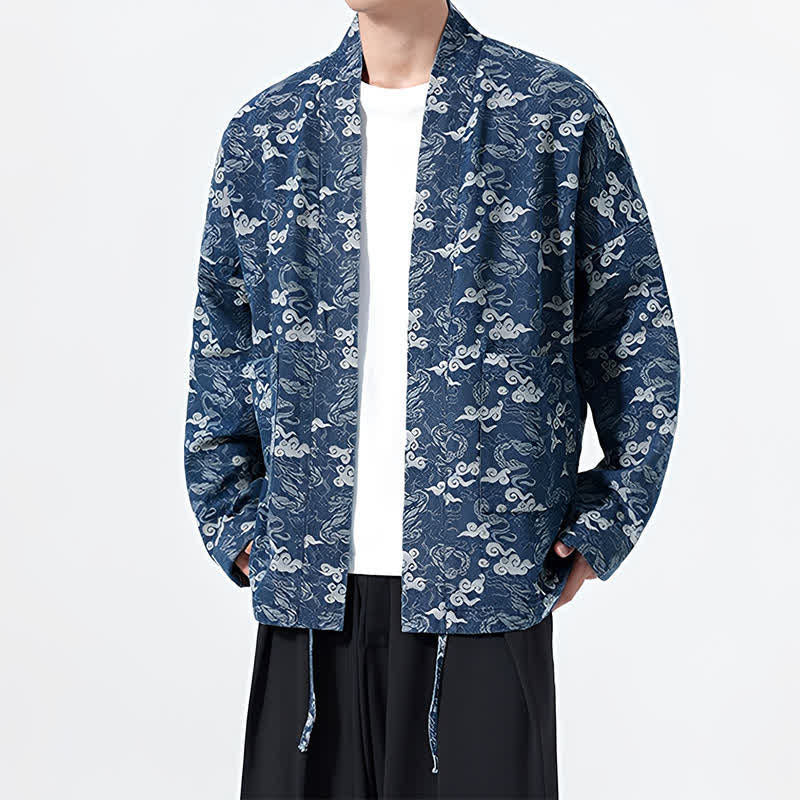 Buddha Stones Kimono de algodón para hombre, estilo casual, con cordón ajustable y estampado abstracto de nubes, ideal para primavera y otoño. - image 7