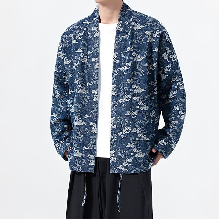 Buddha Stones Kimono de algodón para hombre, estilo casual, con cordón ajustable y estampado abstracto de nubes, ideal para primavera y otoño. - image 7