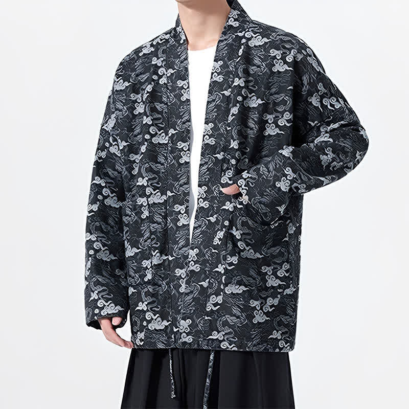 Buddha Stones Kimono de algodón para hombre, estilo casual, con cordón ajustable y estampado abstracto de nubes, ideal para primavera y otoño. - image 12