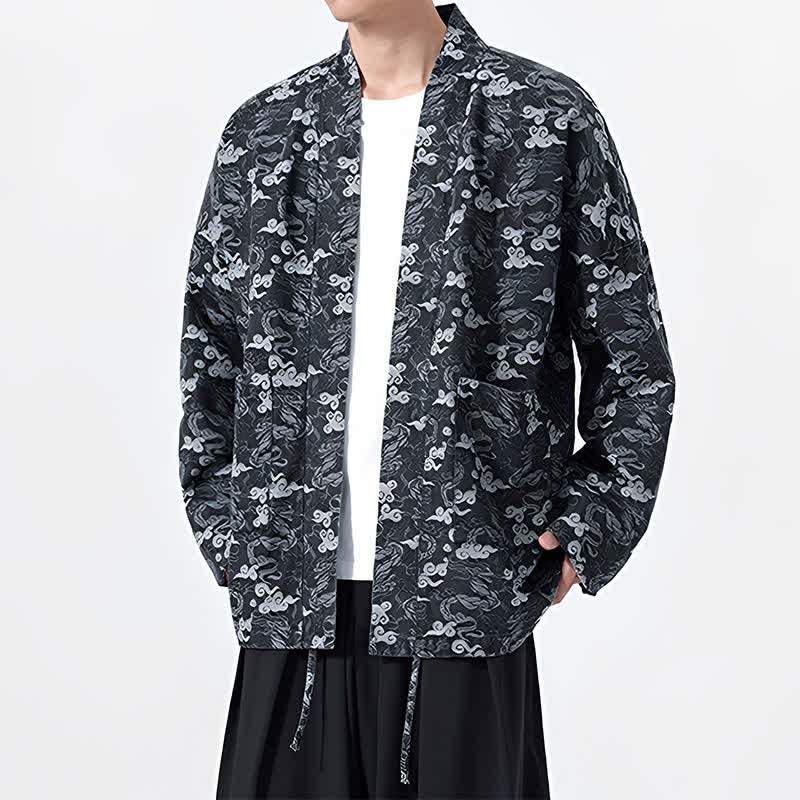Buddha Stones Kimono de algodón para hombre, estilo casual, con cordón ajustable y estampado abstracto de nubes, ideal para primavera y otoño. - image 11
