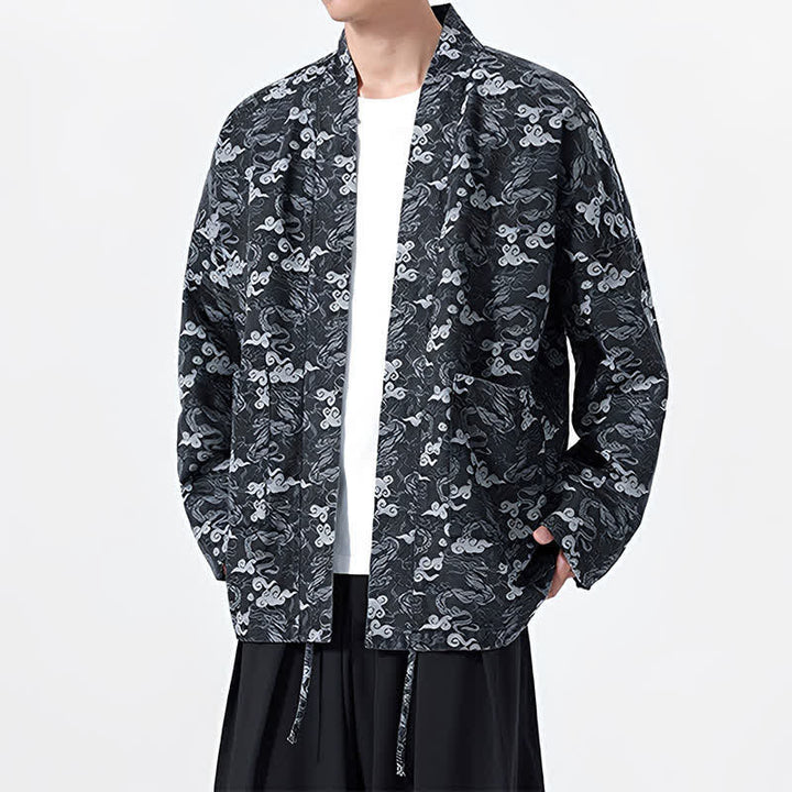 Buddha Stones Kimono de algodón para hombre, estilo casual, con cordón ajustable y estampado abstracto de nubes, ideal para primavera y otoño. - image 11