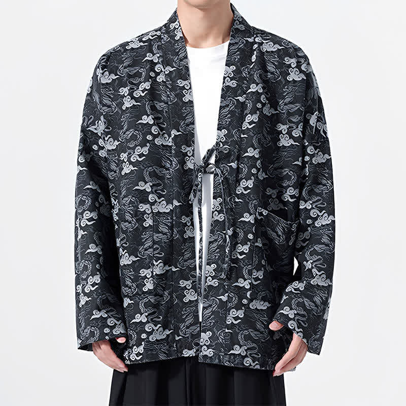 Buddha Stones Kimono de algodón para hombre, estilo casual, con cordón ajustable y estampado abstracto de nubes, ideal para primavera y otoño. - image 15