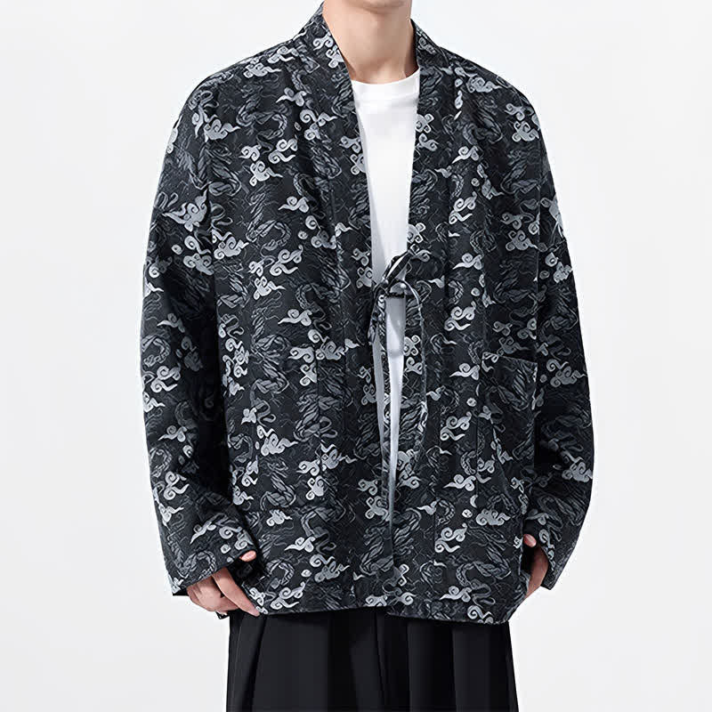 Buddha Stones Kimono de algodón para hombre, estilo casual, con cordón ajustable y estampado abstracto de nubes, ideal para primavera y otoño. - image 16