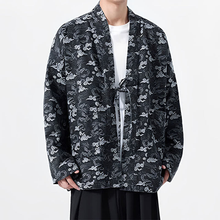 Buddha Stones Kimono de algodón para hombre, estilo casual, con cordón ajustable y estampado abstracto de nubes, ideal para primavera y otoño. - image 16